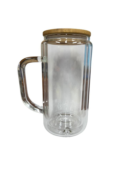 16 oz glass snow globe tumbler w/handle and bamboo lid